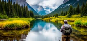 Pescador en un río de montaña con aguas cristalinas que ilustra como clima afecta pesca truchas guia completa