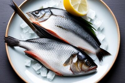 Dos pescados sobre hielo en un plato con limón y hierbas listos para aprender como cocinar pescado pesca hielo