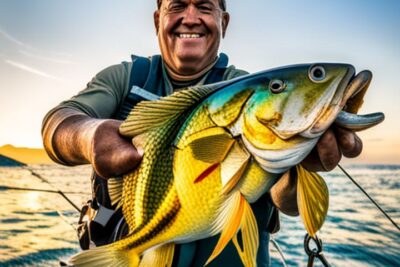 Pescador sonriente sostiene un dorado brillante en un bote al atardecer como elegir anzuelo pescar dorados