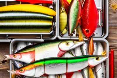Caja abierta con señuelos artificiales de distintos tamaños, formas y colores brillantes con ganchos visibles para como elegir tamano ideal senuelo pesca guia completa
