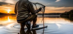 Pescador arrodillado sobre una tabla en un lago al atardecer sosteniendo una red de desembarque, como evitar carpas escapen consejos tecnicas eficaces.