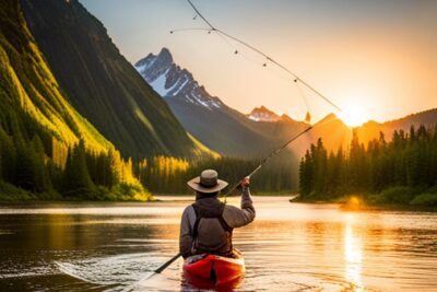 Pescador en kayak rojo lanzando la caña en un lago de montaña al amanecer, ilustrando como evitar mosquitos molesten pescas kayak