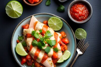 Plato de ceviche con filetes de pescado, rodajas de lima, salsa roja y cilantro mostrando como hacer ceviche pescado fresco casa.