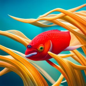 Pez rojo brillante nadando entre algas amarillas sobre fondo turquesa, como identificar pez rojo agua guia practica consejos.