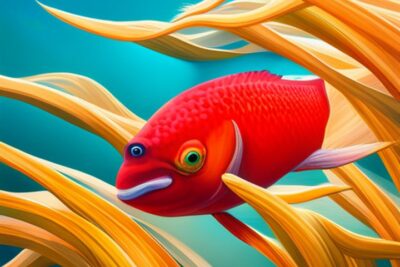 Pez rojo brillante nadando entre algas amarillas sobre fondo turquesa, como identificar pez rojo agua guia practica consejos.