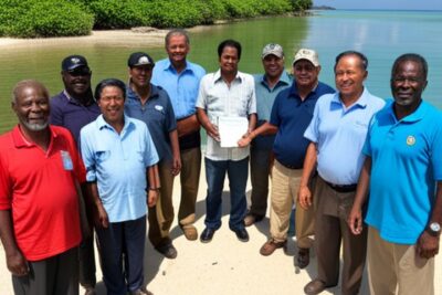 Grupo de hombres en la playa sosteniendo un documento que sugiere discusión sobre como implementar regulaciones pesqueras eficaz