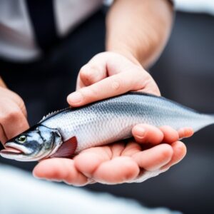 Manos sosteniendo un pez pequeño que ilustran como manipular pez capturado hielo guia paso a paso consejos