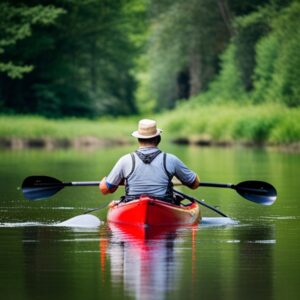 Remero de espaldas en un kayak rojo sobre agua tranquila mostrando postura y remo que ilustran como mejorar equilibrio kayak pesca consejos trucos.