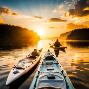 Kayaks en agua dorada al atardecer con un pescador en acción, mostrando como pescar en kayak forma segura consejos clave.