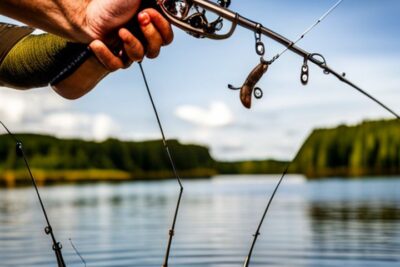 Mano sujetando una caña con señuelo y varias cañas apoyadas frente a un lago arbolado, como pescar lucio desde la orilla.