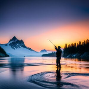 Silueta de un pescador lanzando en aguas tranquilas al amanecer frente a montañas y pinos, como pescar salmon en rios consejos tecnicas efectivas