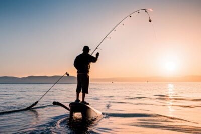 Pescador en bote al amanecer demostrando como pescar salmon mar guia practica efectiva