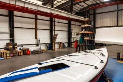 Casco de kayak de pesca posado en un taller interior, escenario ideal para como reparar grieta casco kayak pesca.