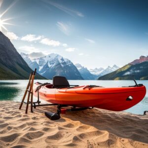 Kayak rojo apoyado en la arena frente a un lago de montaña que ilustra como transportar kayak pesca vehiculo guia completa