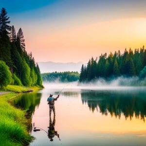 Pescador de pie en un lago al amanecer lanzando la caña entre niebla y pinos, imagen perfecta para como usar senuelos artificiales pesca guia practica efectiva
