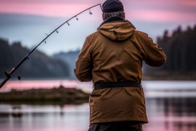 Pescador de espaldas al atardecer junto al lago, competencias pesca hielo encuentra eventos cerca.