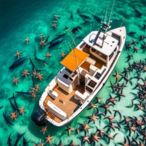 Barco blanco con toldo naranja en aguas turquesa rodeado de numerosas estrellas de mar, conoce regulaciones conocimientos esenciales pesca sostenible.