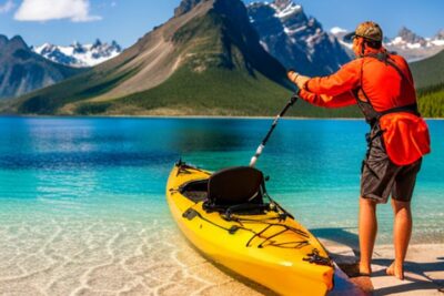Persona junto a un kayak amarillo en la orilla con paddle listo, consejos enjuagar kayak pesca agua salada para evitar sal y arena
