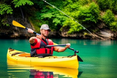 Hombre con chaleco salvavidas en kayak amarillo remando y pescando en agua verde, consejos evitar kayak volque pescar.