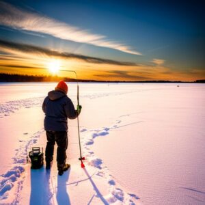 Pescador en lago helado con barrena y caja de equipo, escena que sugiere consejos mantener agujero hielo abierto pesca.