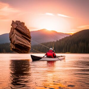 Pescador en kayak al atardecer con una gran roca flotante cerca; consejos mantener estabilidad kayak pesca para mantener equilibrio y seguridad