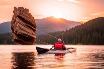 Pescador en kayak al atardecer con una gran roca flotante cerca; consejos mantener estabilidad kayak pesca para mantener equilibrio y seguridad