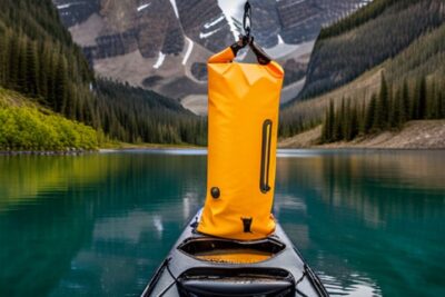 Bolsa estanca naranja en la proa de un kayak en un lago de montaña, consejos mantener seco equipo pesca kayak.