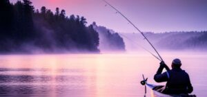 Pescador en kayak al atardecer lanzando la caña sobre aguas tranquilas con reflejos y línea costera arbolada, consejos mejorar lanzamiento anzuelo kayak