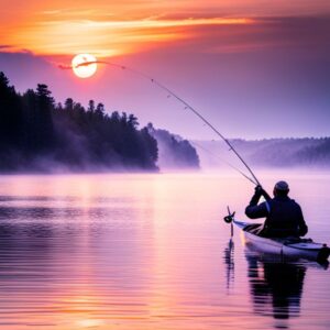 Pescador en kayak al atardecer lanzando la caña sobre aguas tranquilas con reflejos y línea costera arbolada, consejos mejorar lanzamiento anzuelo kayak