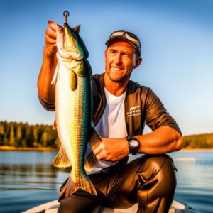 Pescador en bote sosteniendo un gran pez tras aplicar consejos mover senuelos artificiales forma realista.