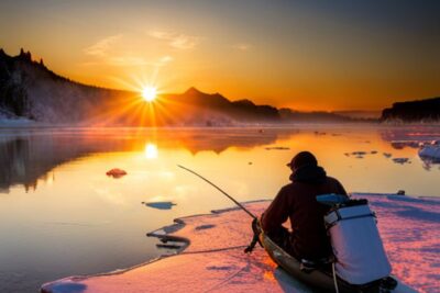 Pescador sentado en la orilla helada al amanecer con caña y equipo, consejos pesca hielo mejor hora dia trucos para capturar en aguas abiertas entre témpanos