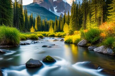 Río de montaña con aguas claras, rocas y coníferas que ilustran consejos pescar truchas temperatura agua ideal