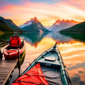 Dos kayaks amarrados en un muelle al atardecer con montañas al fondo, consejos proteger kayak pesca transporte para evitar daños