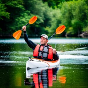 Kayakista con chaleco salvavidas rojo y remo naranja en agua tranquila, consejos seguridad pescar kayak aguas abiertas