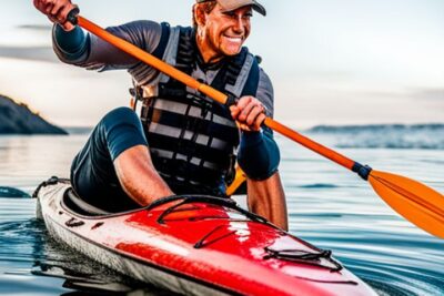 Hombre sonriente remando un kayak rojo con chaleco salvavidas y remo que ilustra consejos seguro equipo pesca kayak.