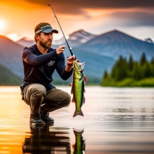 Pescador arrodillado en agua poco profunda sosteniendo un pez capturado junto a su caña, mostrando consejos tecnicas lanzar senuelo artificial eficazmente