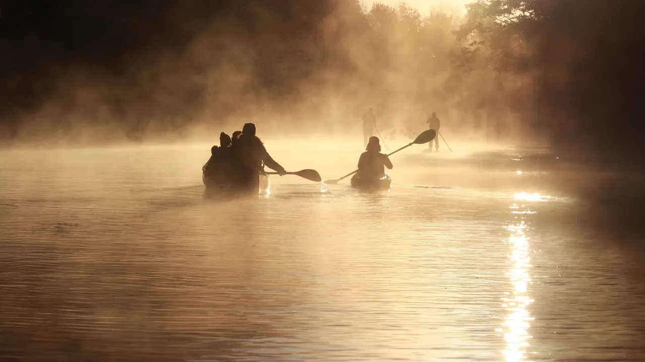 Cual es la mejor forma de transportar el equipo de pesca en un kayak Un kayak con cañas de pescar aseguradas en la parte superior y cajas de aparejos colocadas de manera organizada en la parte trasera