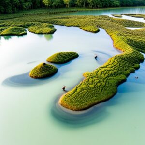 Vista aérea de islotes y canales de agua turquesa con pequeñas embarcaciones, conservacion biodiversidad acuicultura logra efectiva