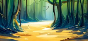 Bosque de manglares con raíces expuestas y luz dorada que evoca la conservacion manglares pesca sostenible