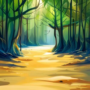 Bosque de manglares con raíces expuestas y luz dorada que evoca la conservacion manglares pesca sostenible