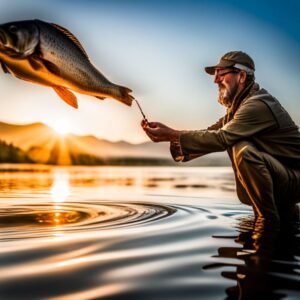 Pescador en la orilla sosteniendo un pez sobre el agua al atardecer, conservacion recursos acuaticos consejos pesca deportiva.