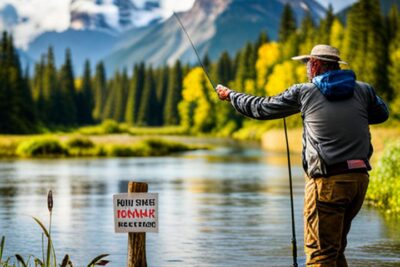 Pescador de pie en un río de montaña lanzando la caña, símbolo de conservacion recursos acuaticos contribuir pesca.