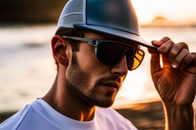Hombre con gafas polarizadas junto al mar al atardecer evaluando cual es mejor polarizado pesca mosca agua salada