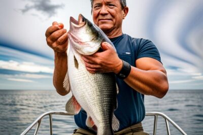 Pescador en barco sosteniendo una gran lubina que plantea cual es tamano maximo lubina