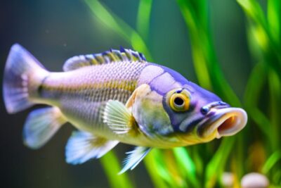 Pez tipo bass colorido nadando en acuario con plantas y grava, cuanto tiempo vive un bass promedio de vida y cuidados necesarios