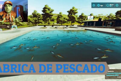 Pantalla de videojuego que muestra un estanque con numerosos peces y un recuadro con un presentador en cámara