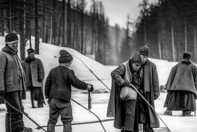 Hombres practicando desafios historicos pesca hielo en un lago congelado junto a agujeros y cubos.