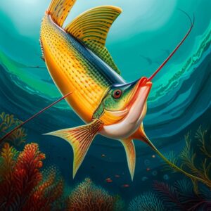 Pez vela dorado y azul nadando sobre un arrecife colorido, descubre mejor senuelo artificial pescar pez vela