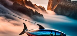 Señuelo con forma de atún sobre el agua al atardecer con caña de pesca, descubre mejor senuelo pesca atunes guia completa