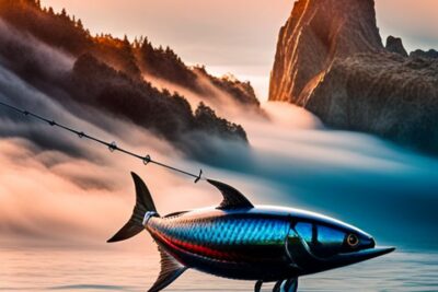 Señuelo con forma de atún sobre el agua al atardecer con caña de pesca, descubre mejor senuelo pesca atunes guia completa